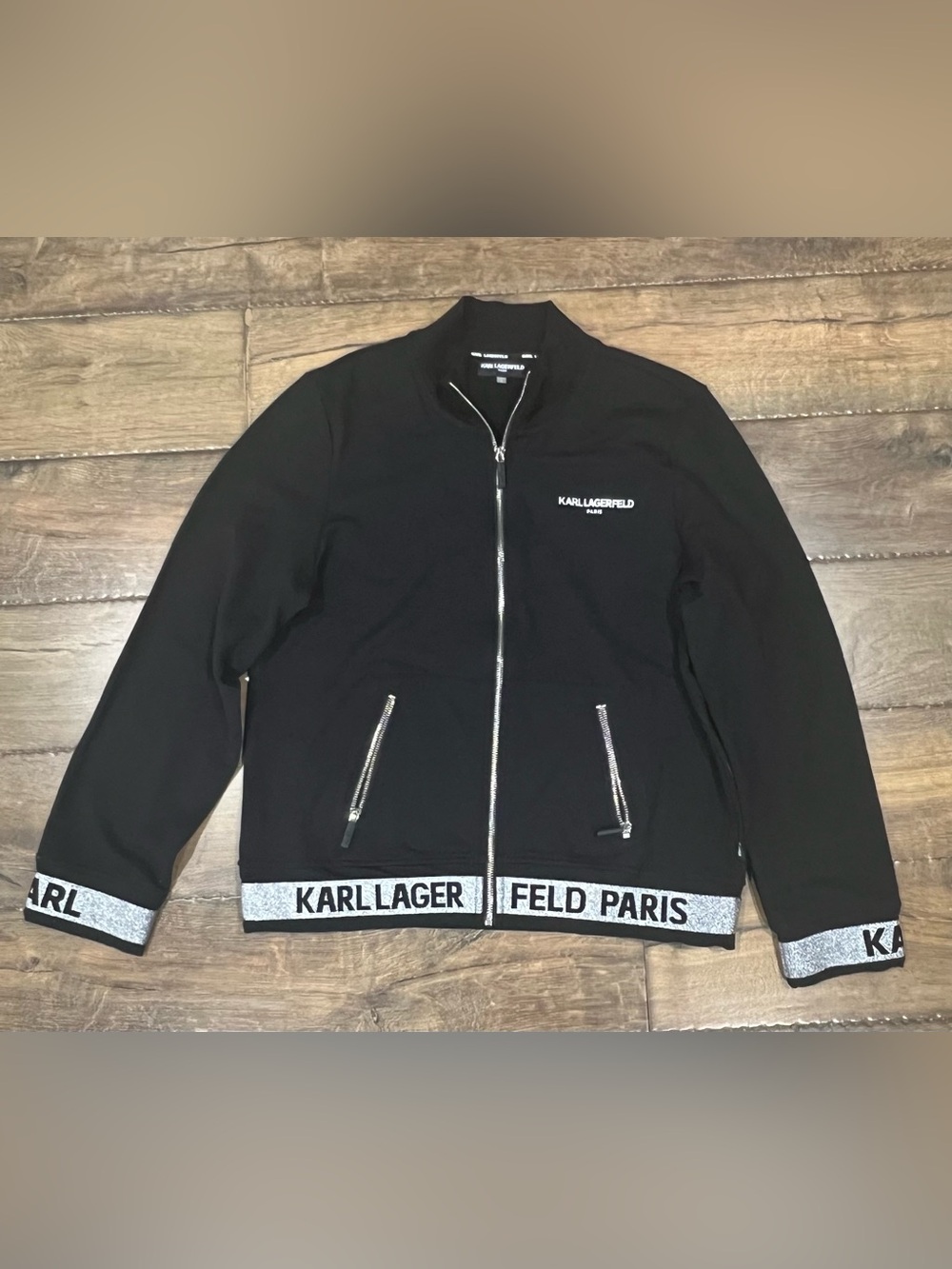 Karl Lagerfeld Black Bomber Jacket with silver logo tape stripe  size Large